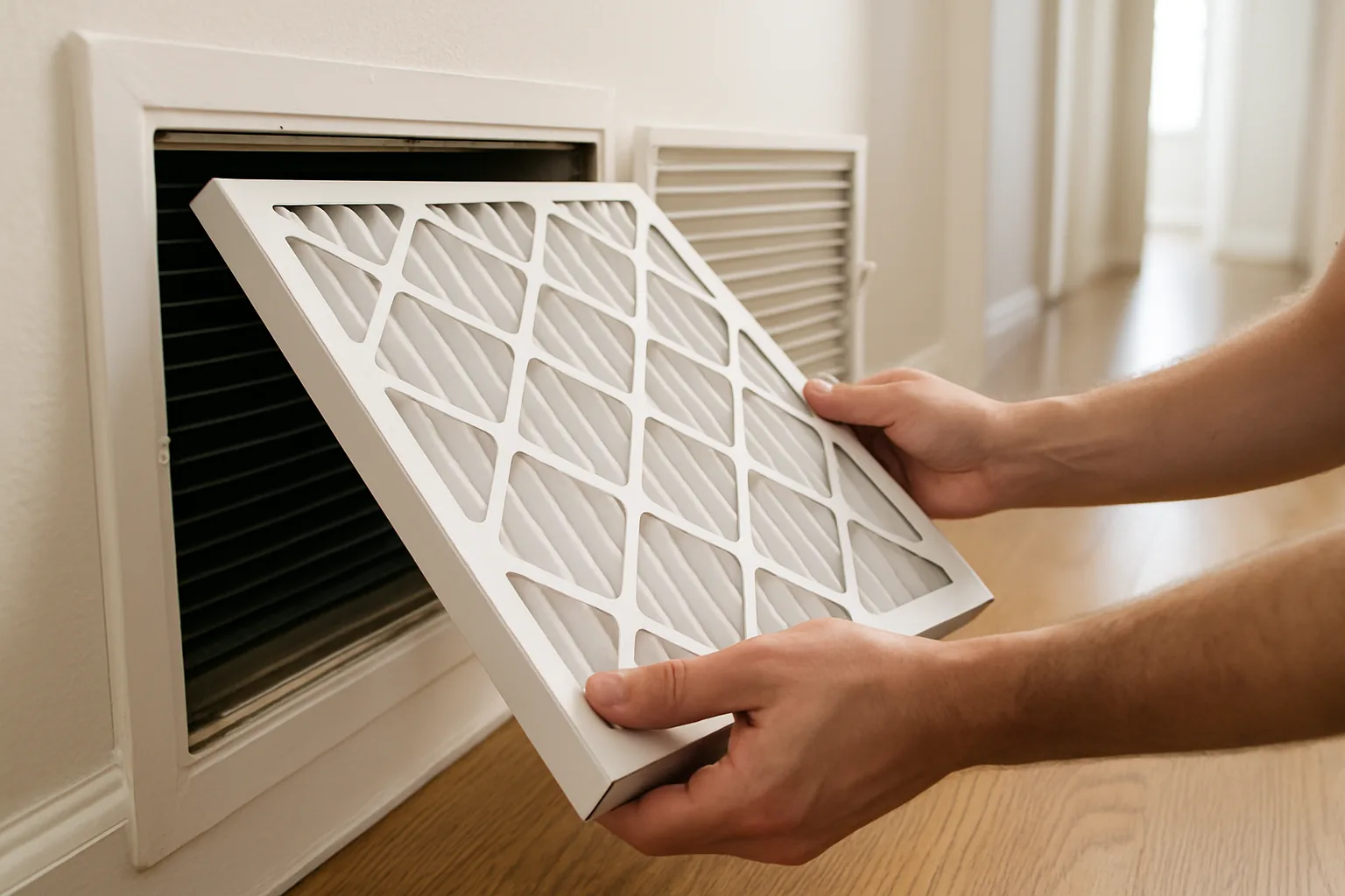 A homeowner sliding a fresh pleated air filter into a return-air vent inside a bright hallway.