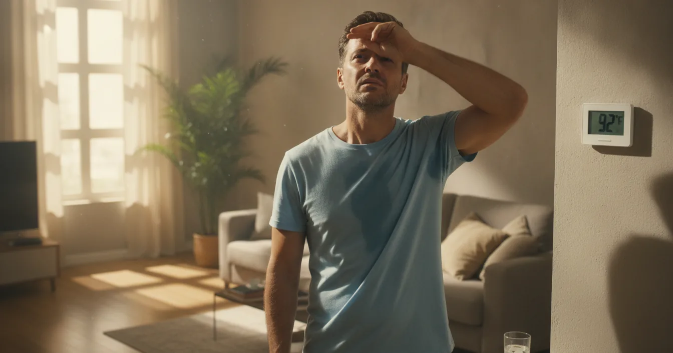 A frustrated homeowner standing in a warm living room next to a wall thermostat during a summer heat wave.