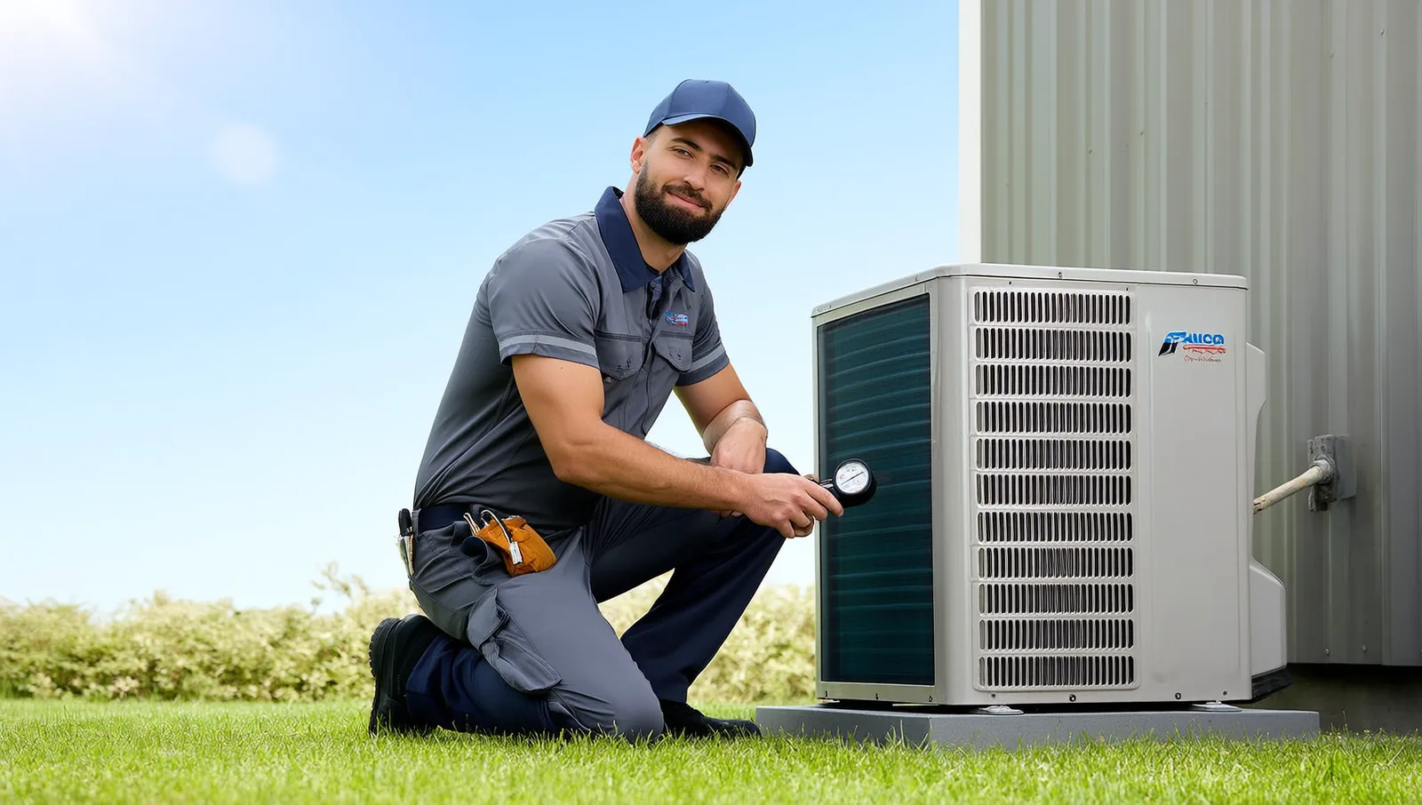 An HVAC technician in uniform using a digital gauge to diagnose an outdoor air conditioner condenser unit on a sunny day.