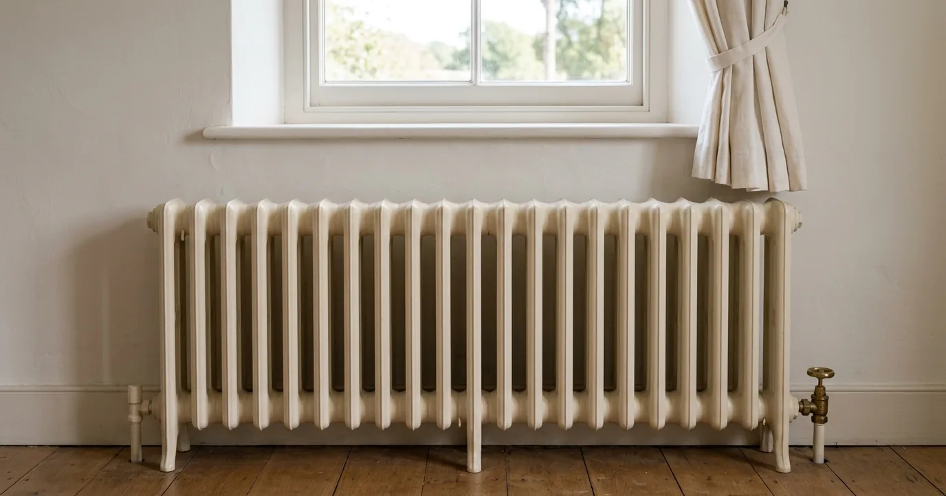 Cast iron radiator on a wood floor beside a window