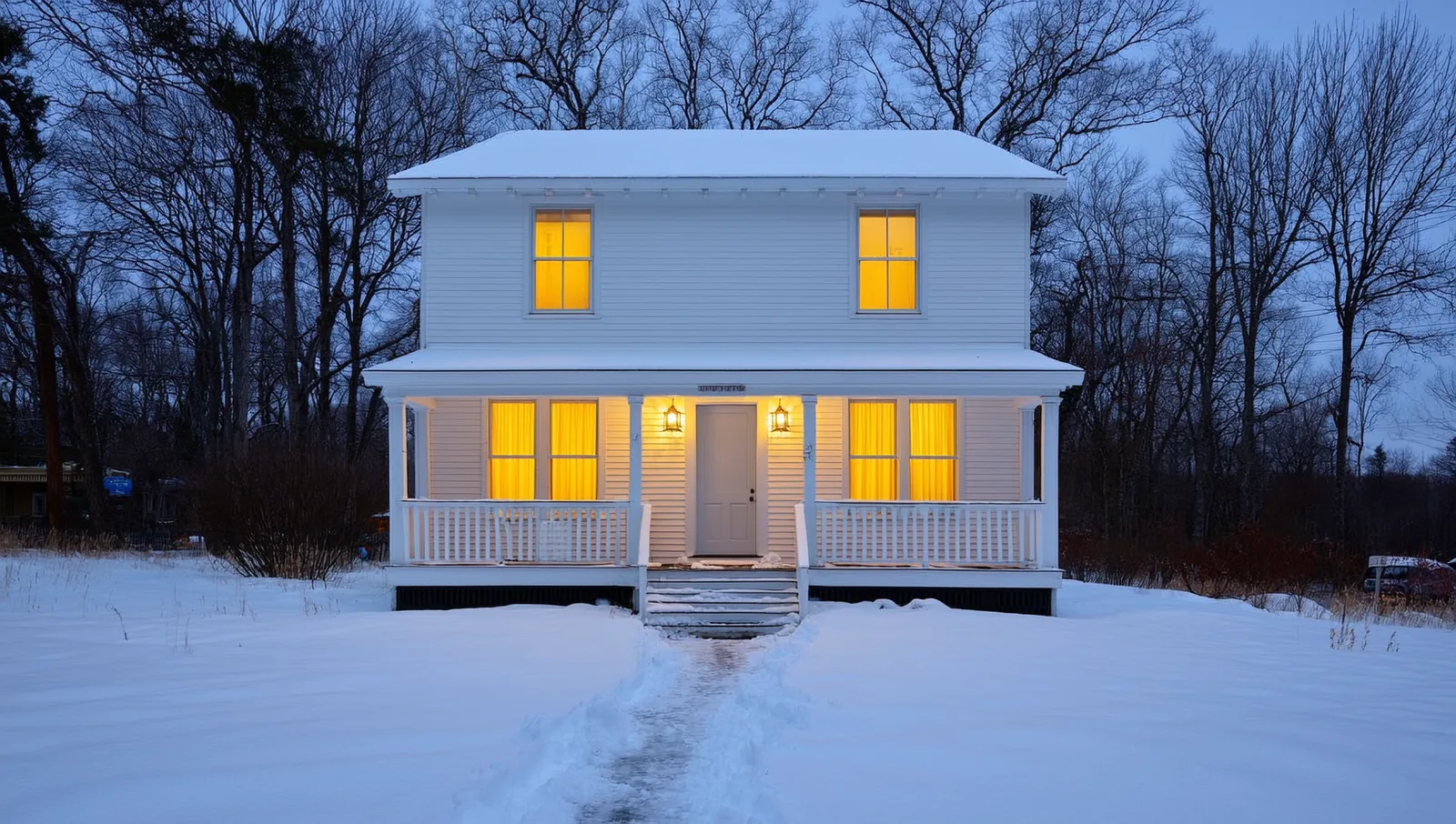 Older two-story clapboard house in snow at dusk
