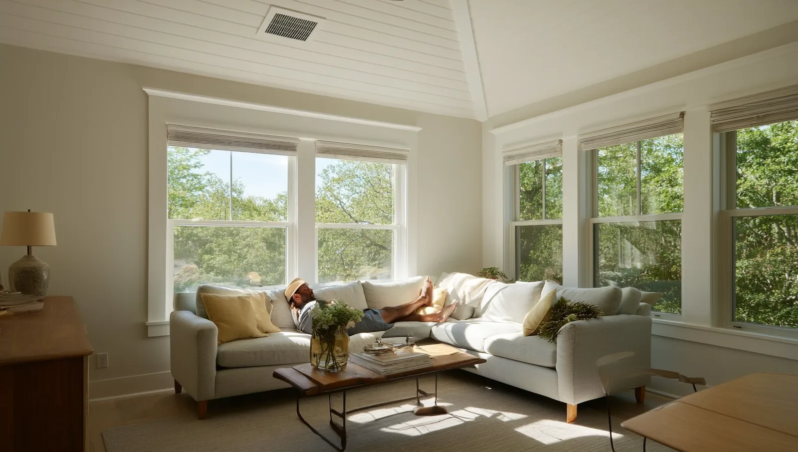 A person relaxing on a sofa in a bright, cool living room on a hot summer day, with soft light through large windows.