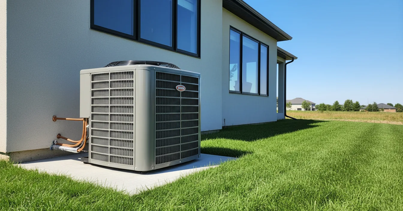 A new outdoor central air conditioner condenser unit installed on a concrete pad beside a suburban home on a clear summer day.