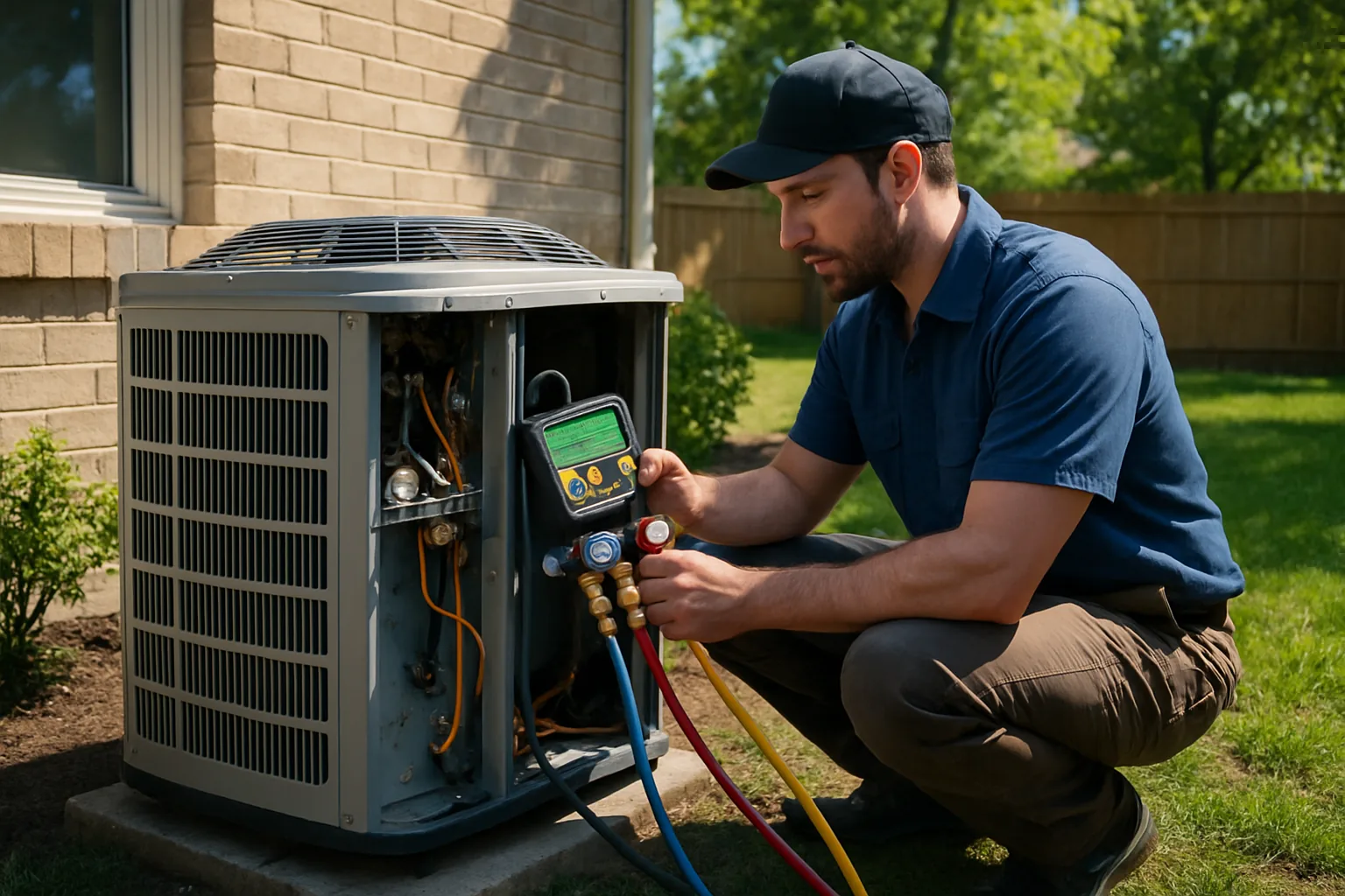 An HVAC technician attaching a digital refrigerant gauge manifold to the service ports of an outdoor air conditioner unit.
