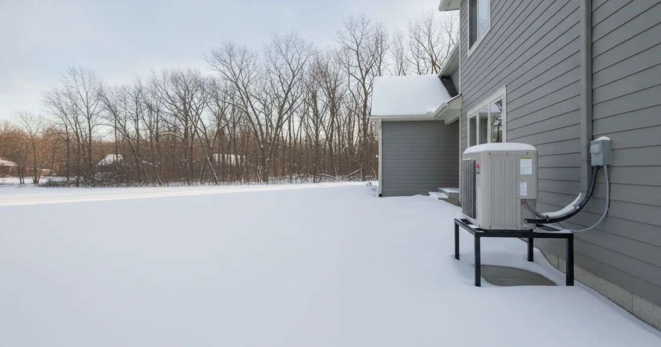 Outdoor heat pump on a stand beside a snowy house