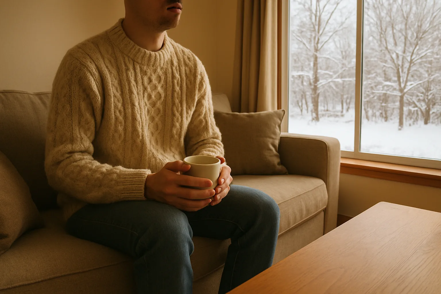 Person in a knit sweater with a mug beside a snowy window