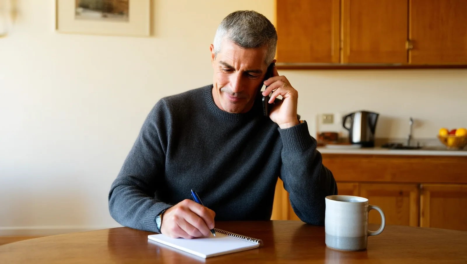 Man on a phone call writing on a notepad