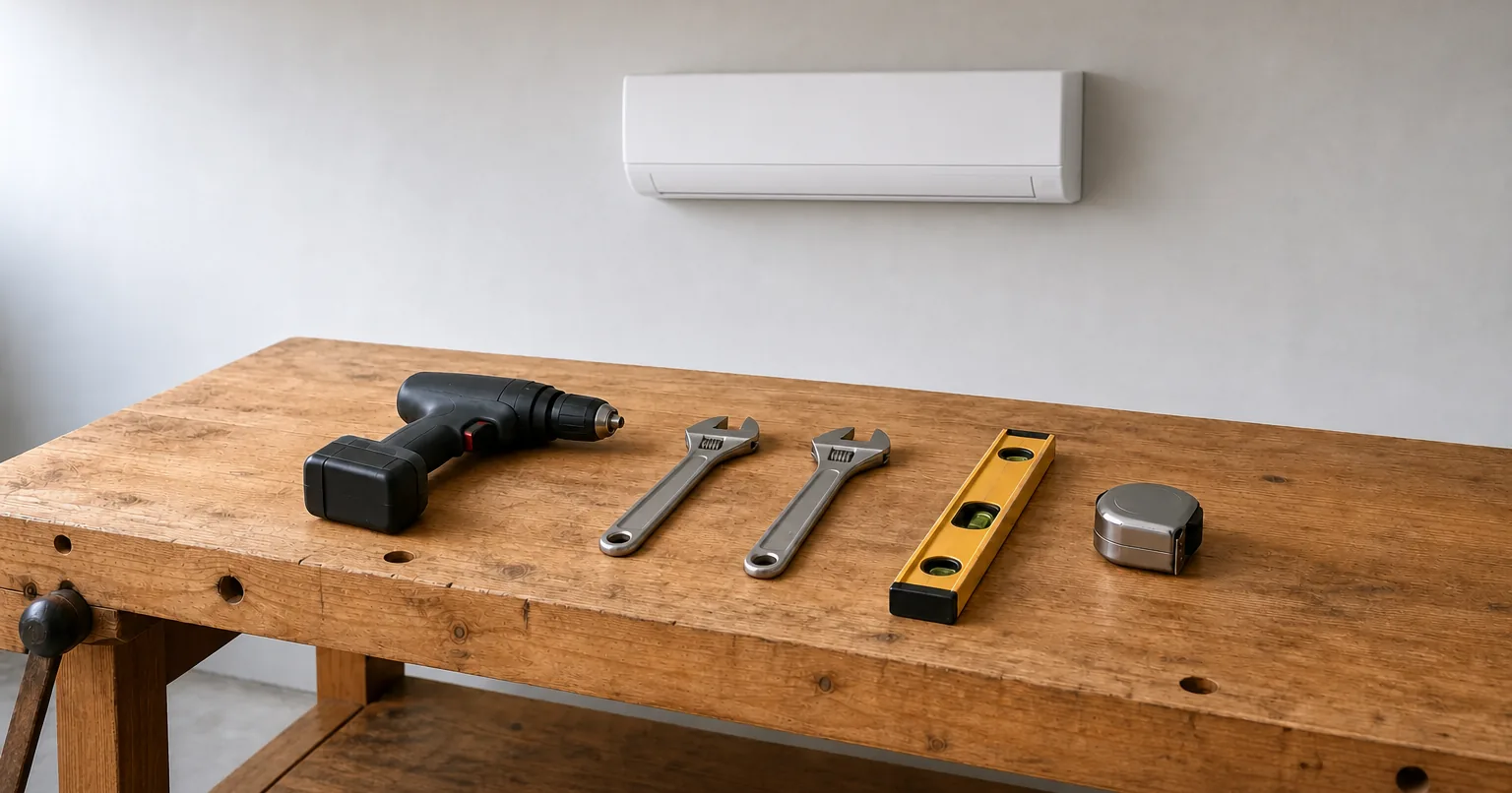Tools on a workbench below a mini-split unit