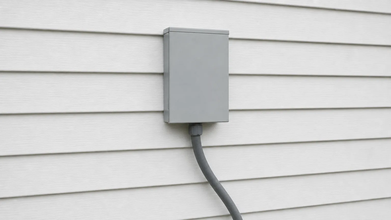 Gray electrical disconnect box on white siding