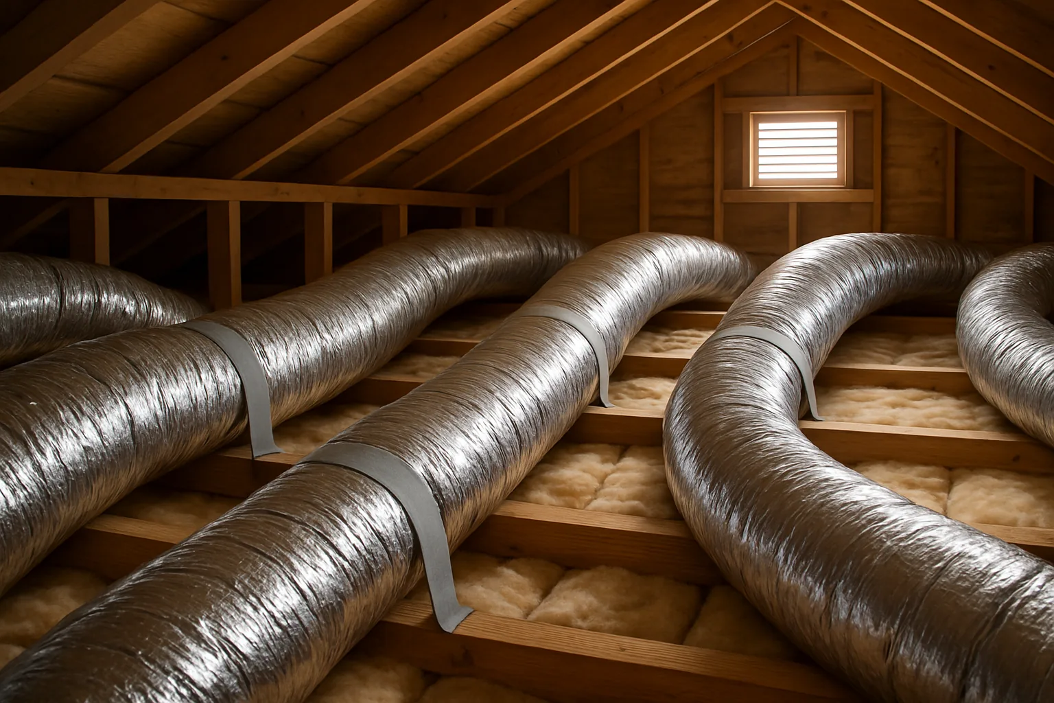 Insulated silver flexible HVAC ducts running across a residential attic above fiberglass batt insulation, each run cradled every few feet by a wide saddle strap fastened to the side of a wooden joist.