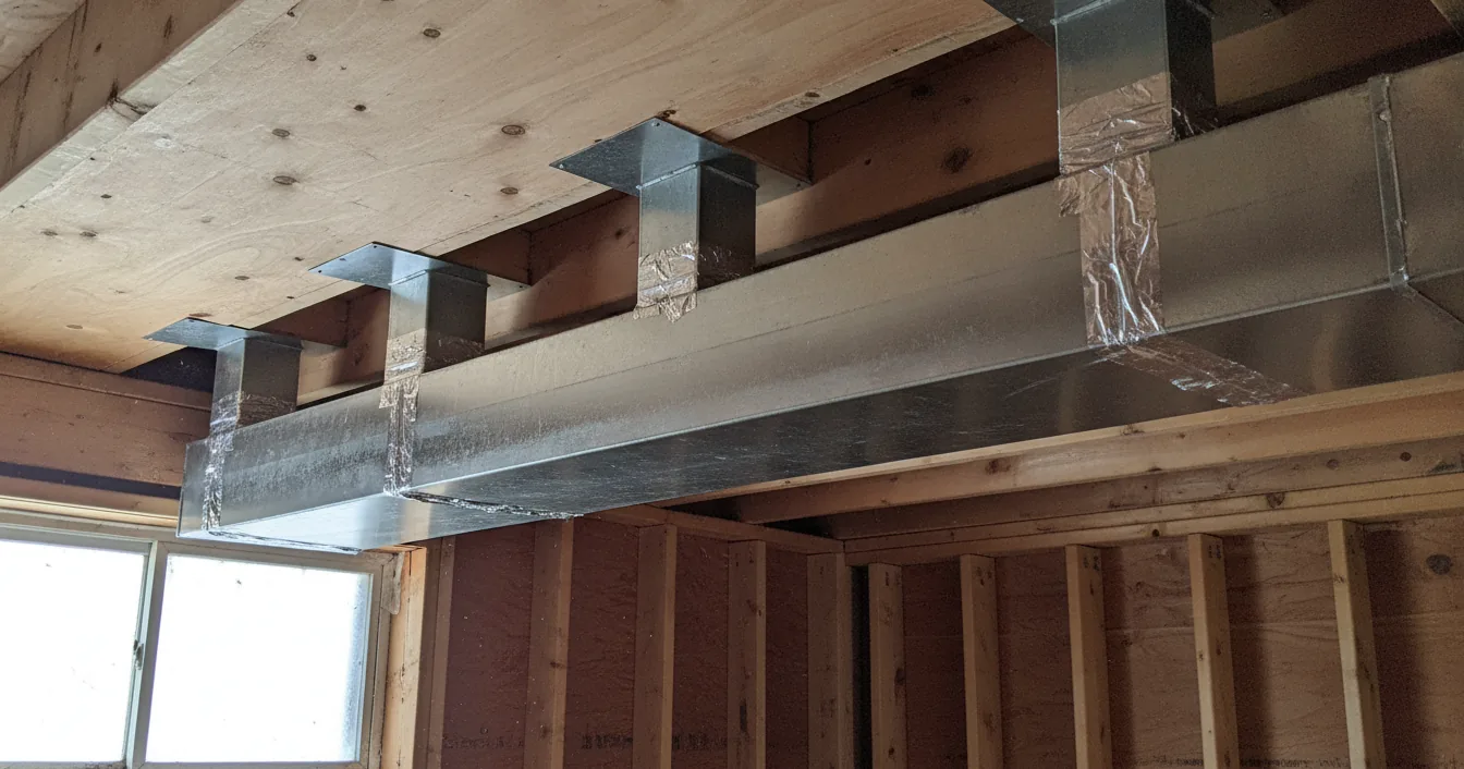 Galvanized sheet metal HVAC trunk duct below the floor joists of an unfinished residential basement, with foil-taped branch takeoffs rising into the joist bays to boots against the subfloor.