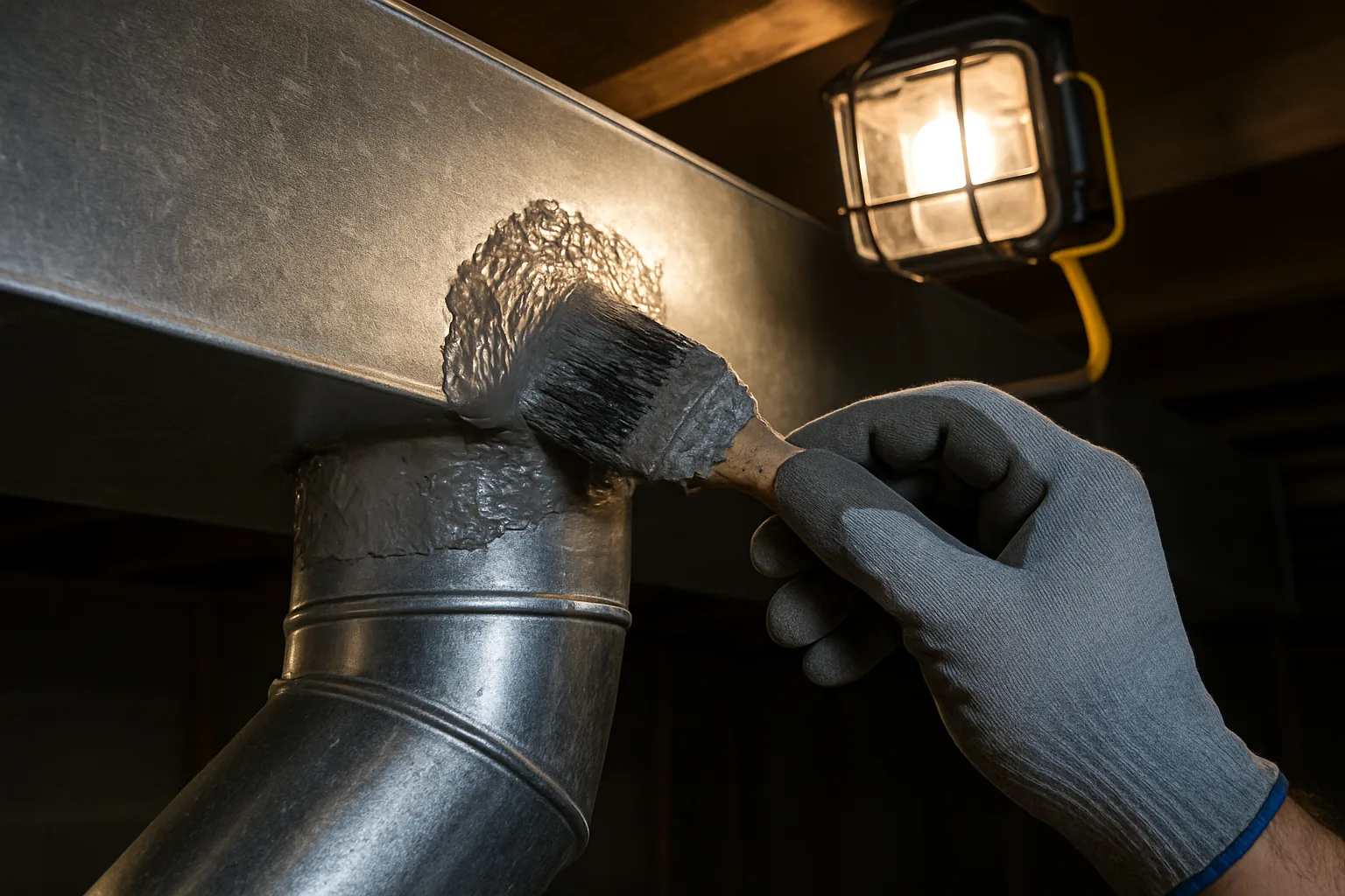 A gloved technician brushing gray duct mastic sealant onto the joint where a round branch duct meets a rectangular sheet metal trunk line in an unfinished basement.