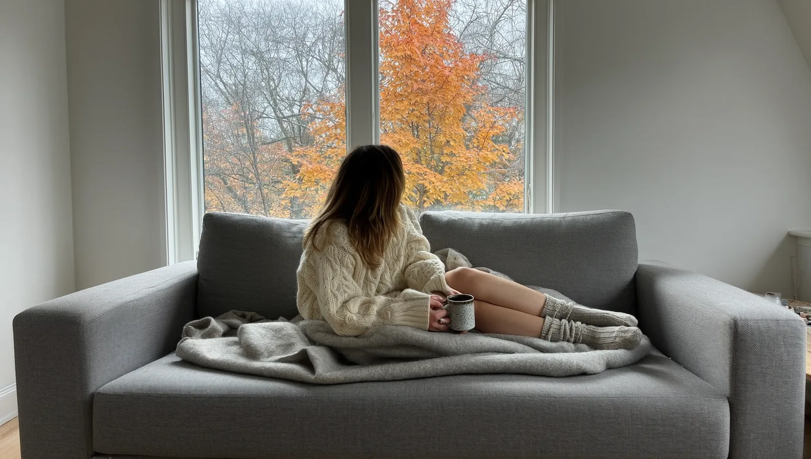 Person in a sweater on a sofa by an autumn window