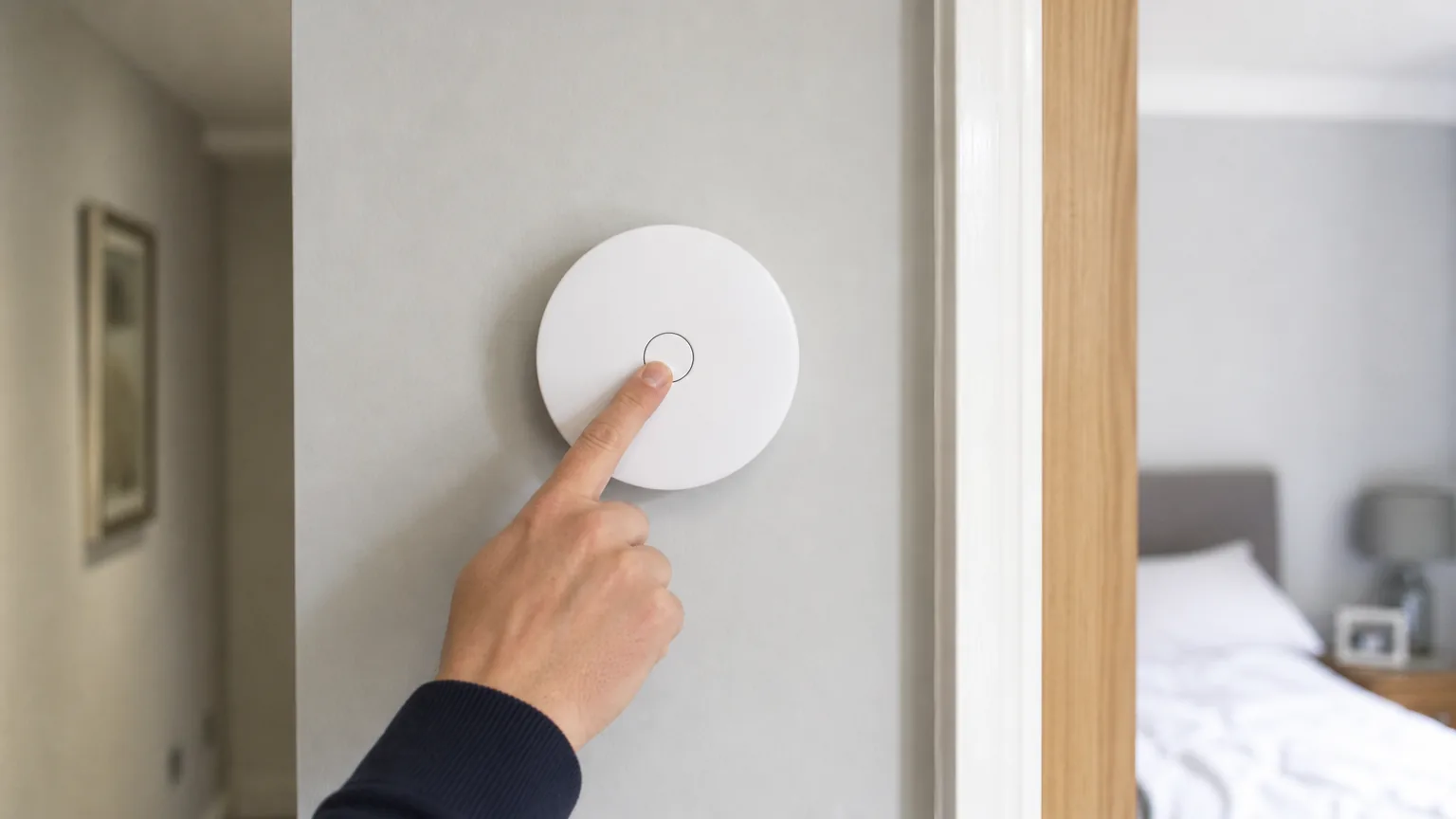 Finger pressing the test button on a wall alarm