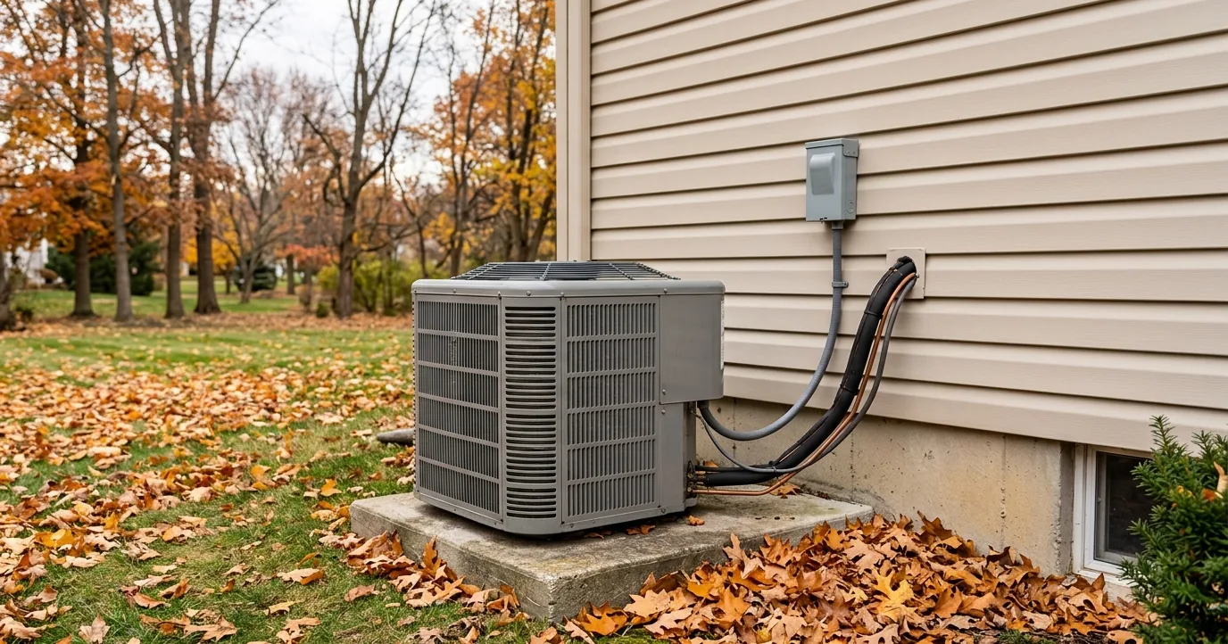 Outdoor condenser unit on a pad among fallen leaves
