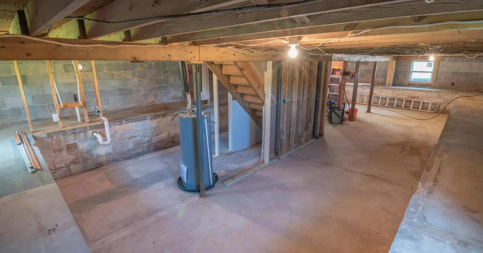 Empty basement with exposed beams and plumbing pipes where a residential furnace would be installed.