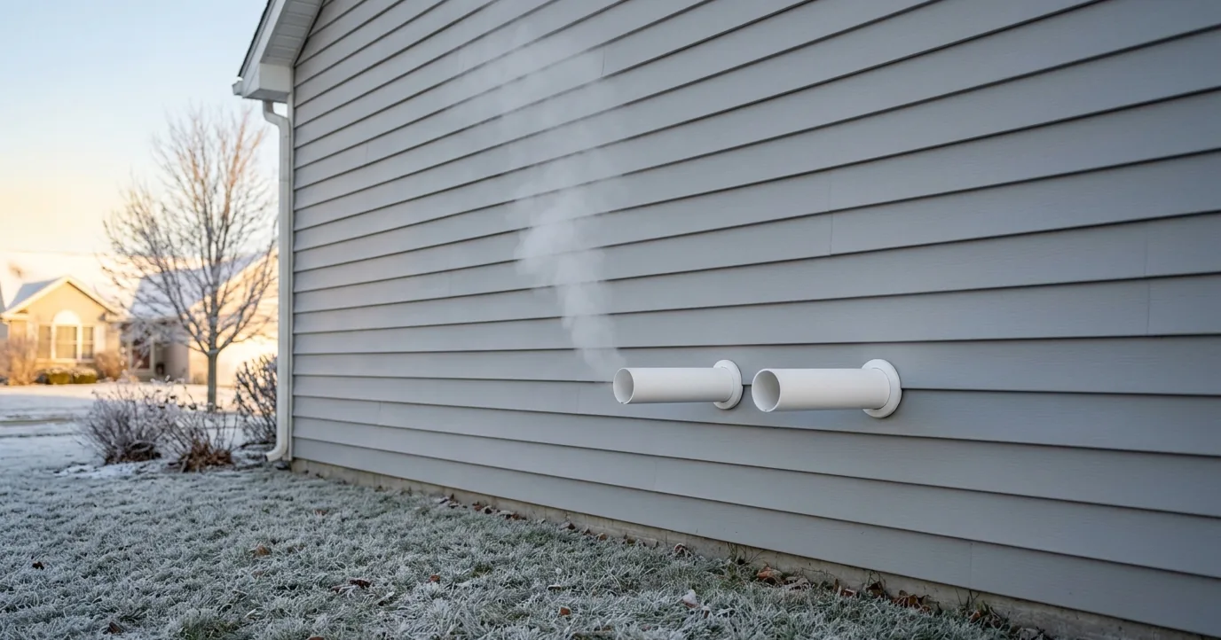 Two white plastic vent pipes on gray house siding
