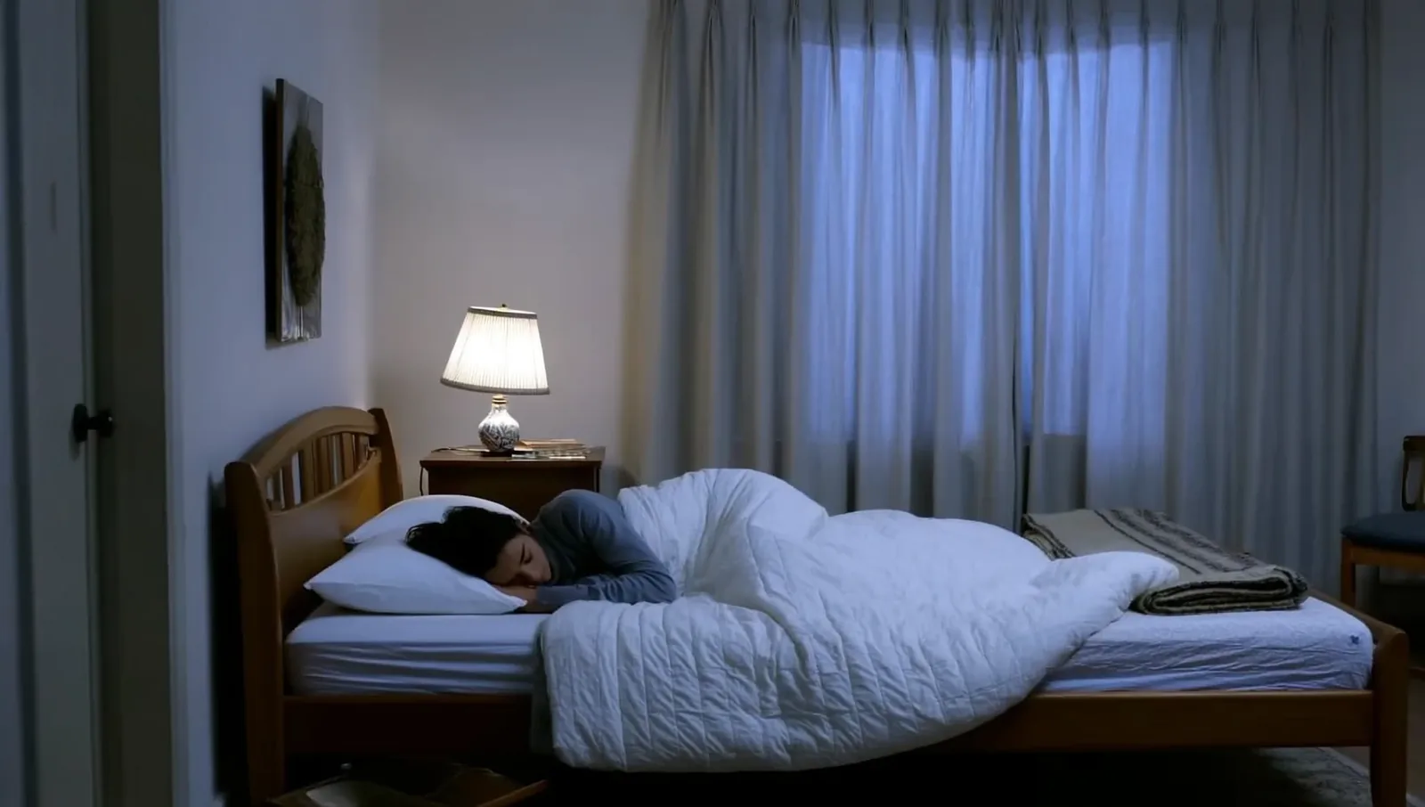 Person asleep under a white quilt in a bedroom
