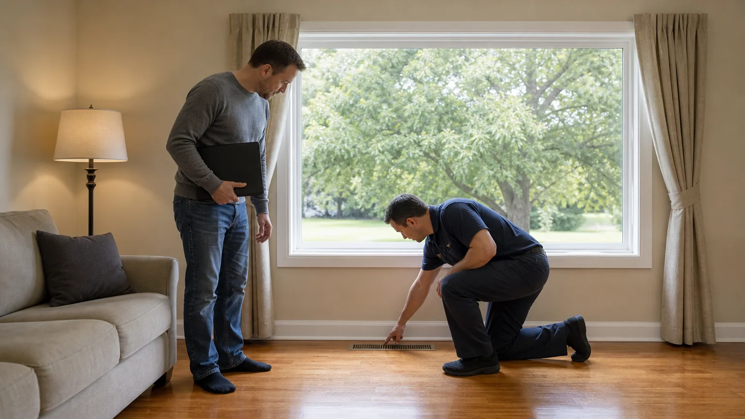 Technician and homeowner checking a floor register
