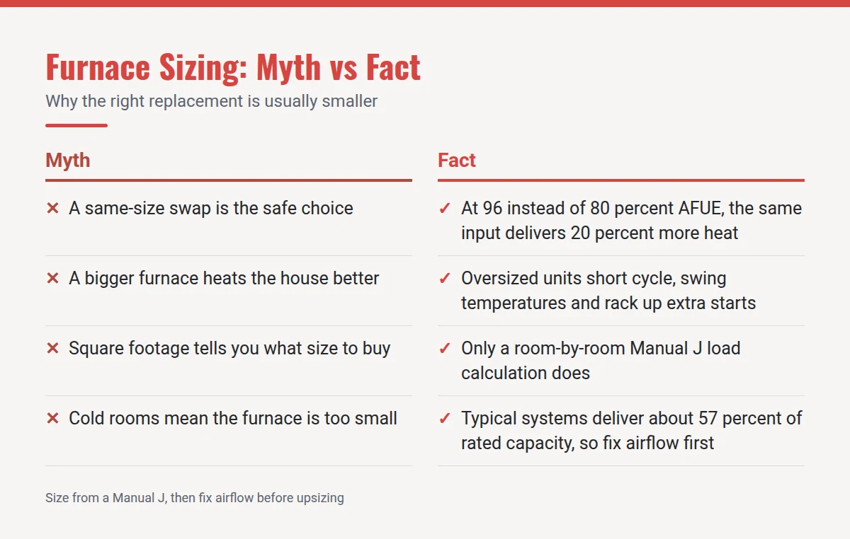 Summary card: Furnace Sizing, Myth vs Fact