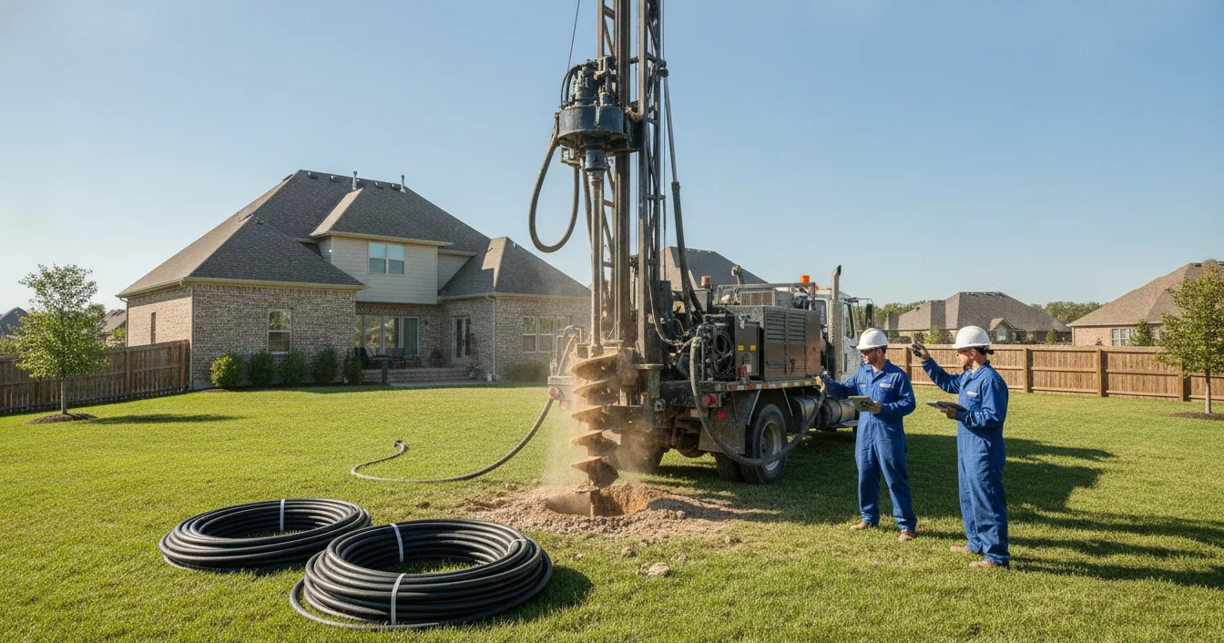A drilling rig boring a vertical geothermal borehole in a suburban backyard with coils of black loop pipe staged on the lawn.