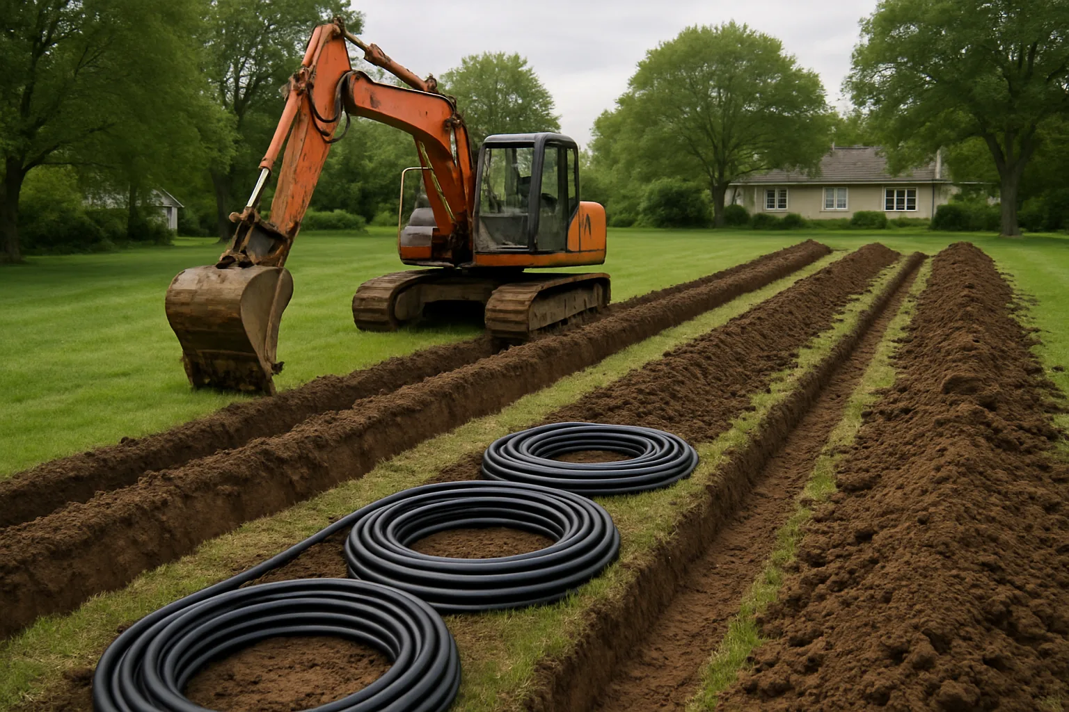 An excavator cutting a long open trench for a horizontal geothermal ground loop across a grassy residential yard.