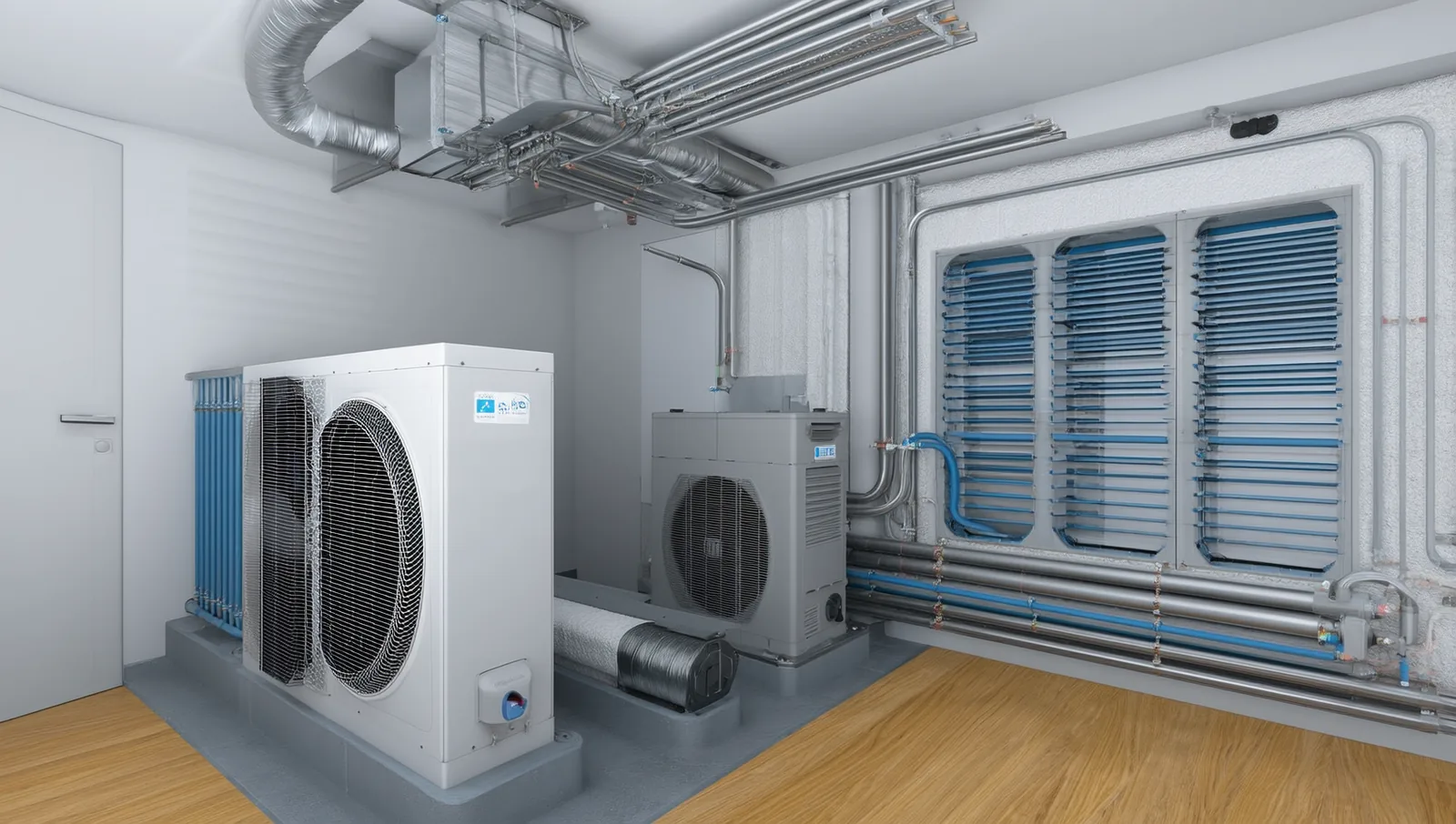 A residential geothermal heat pump unit installed in a basement mechanical room with insulated water-loop piping.