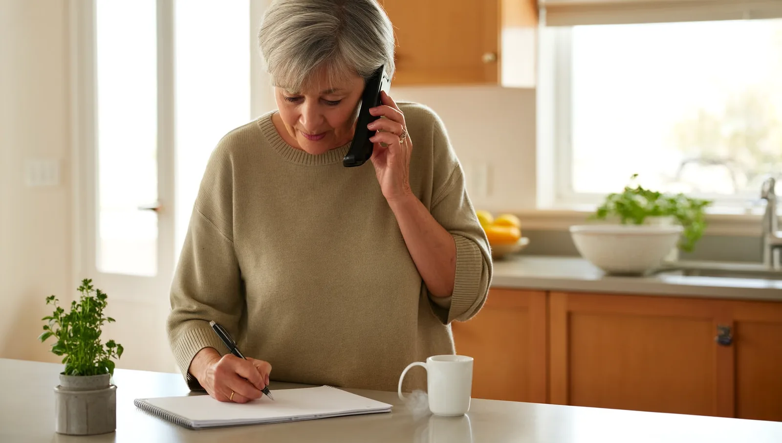 Woman on a phone call writing on a notepad