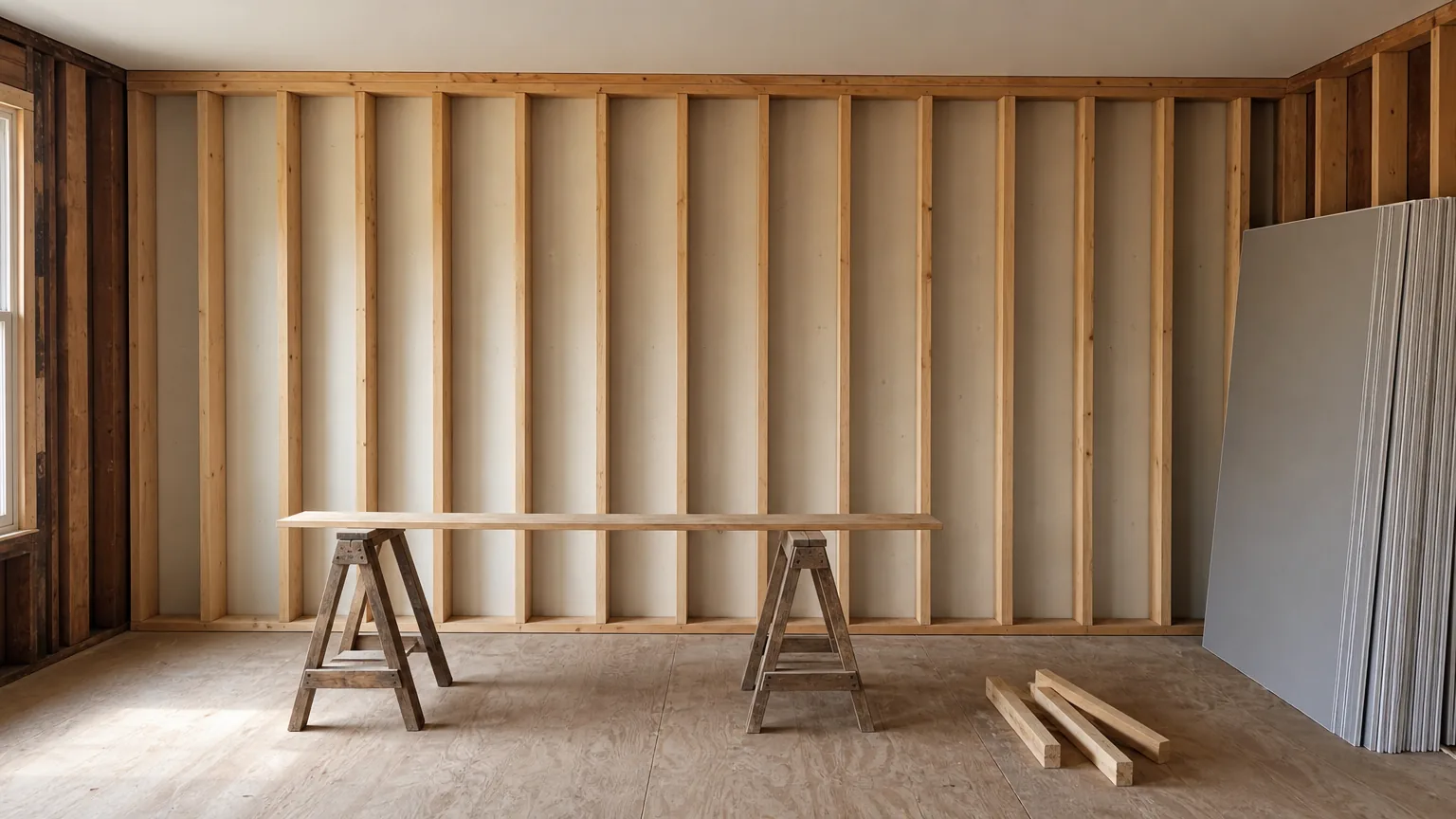 Room stripped to wood studs with drywall stacked