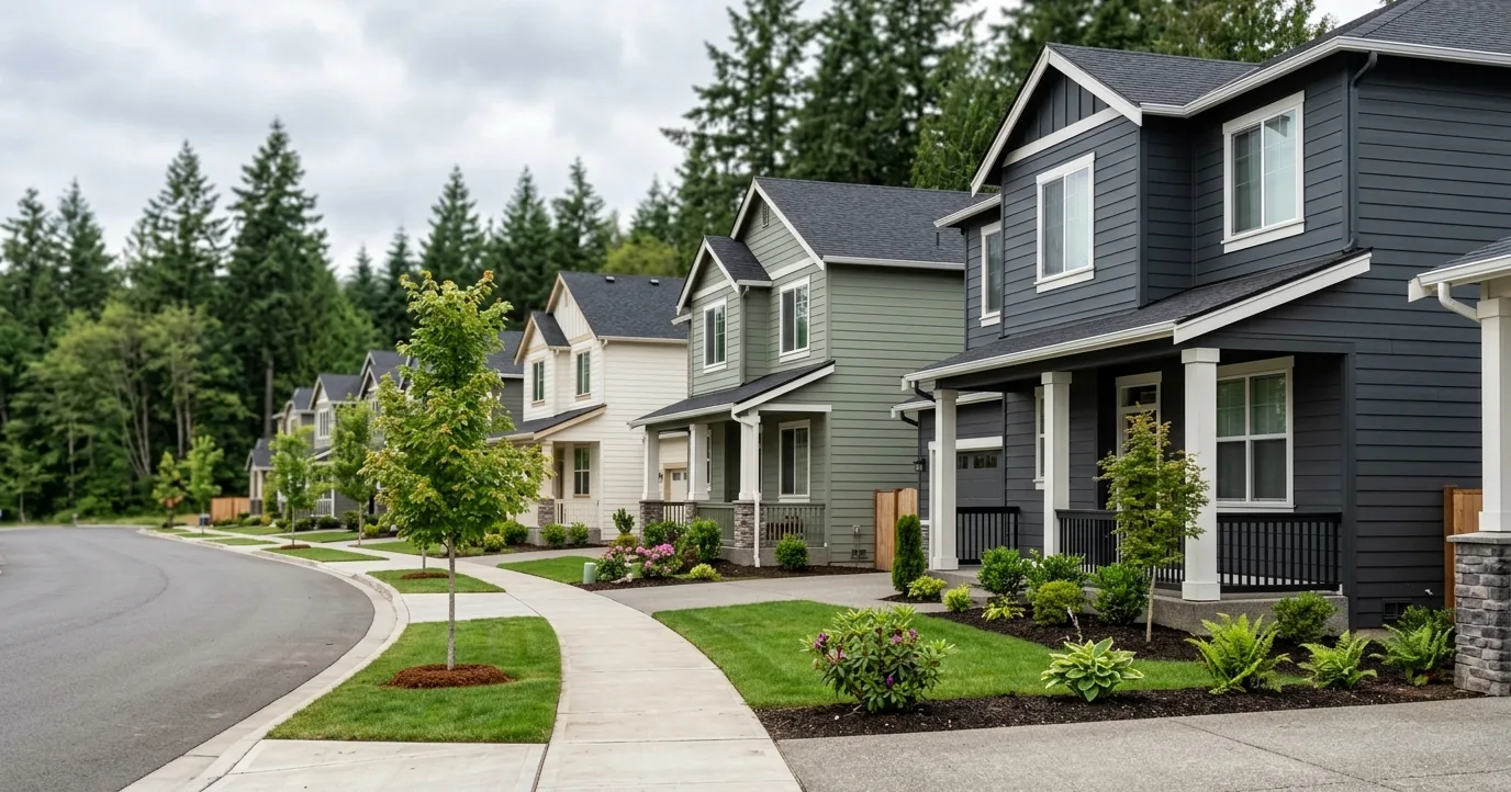 Street of new two-story homes with covered porches