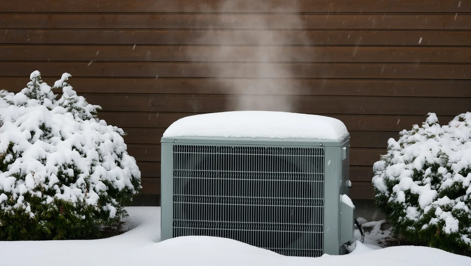 A snow-dusted outdoor heat pump unit running through a winter snowfall against the wall of a wood-sided home.