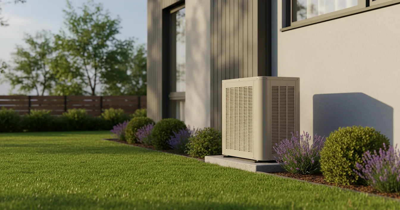 A modern outdoor heat pump condenser unit installed next to a contemporary suburban home.