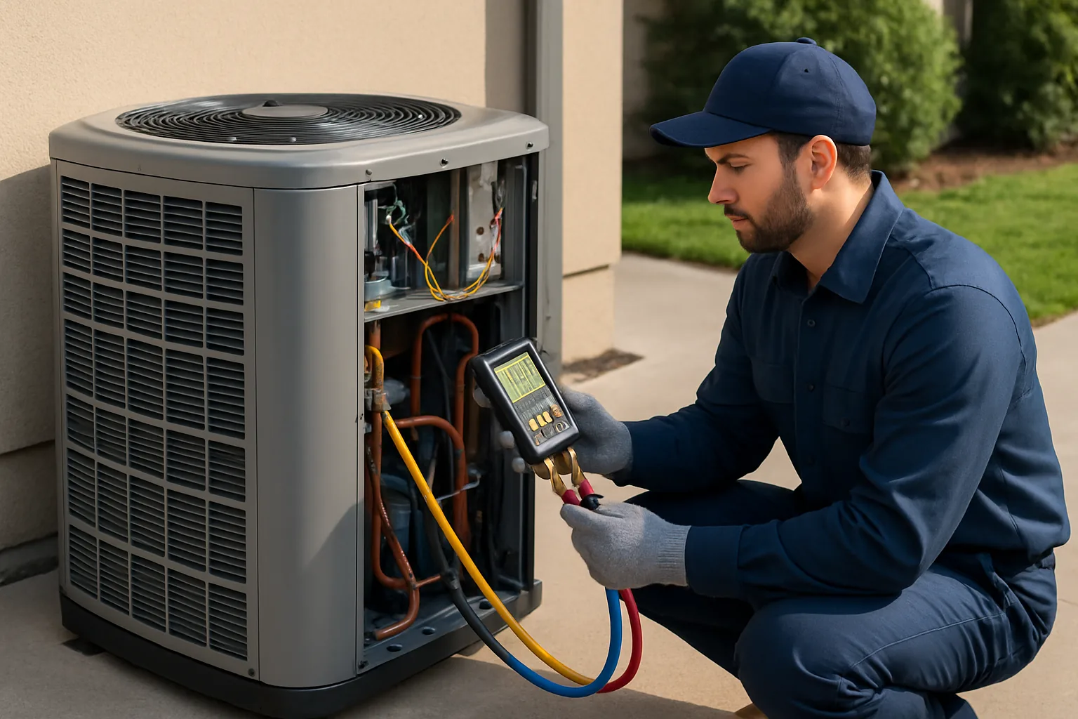 An HVAC technician kneeling beside an opened outdoor heat pump unit, checking refrigerant lines with a digital gauge.