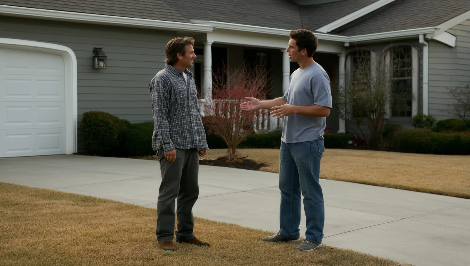 Homeowner and contractor talking on a suburban driveway