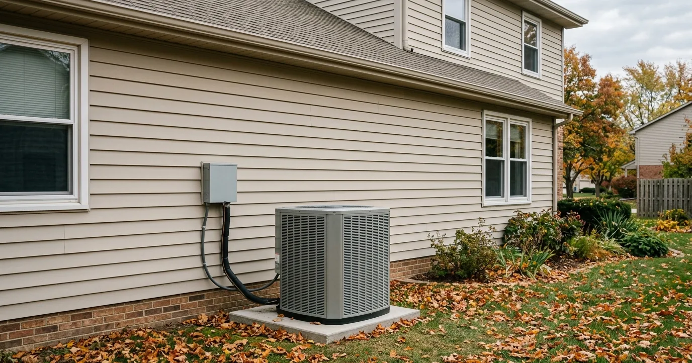 Heat pump condenser on a concrete pad beside a suburban house