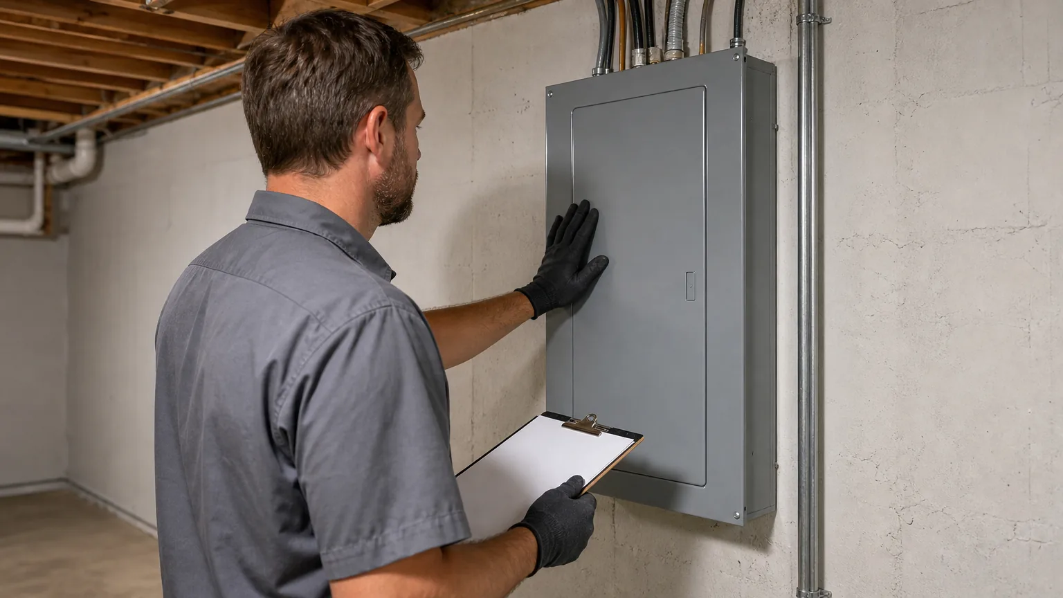 Electrician with a clipboard at a basement electrical panel