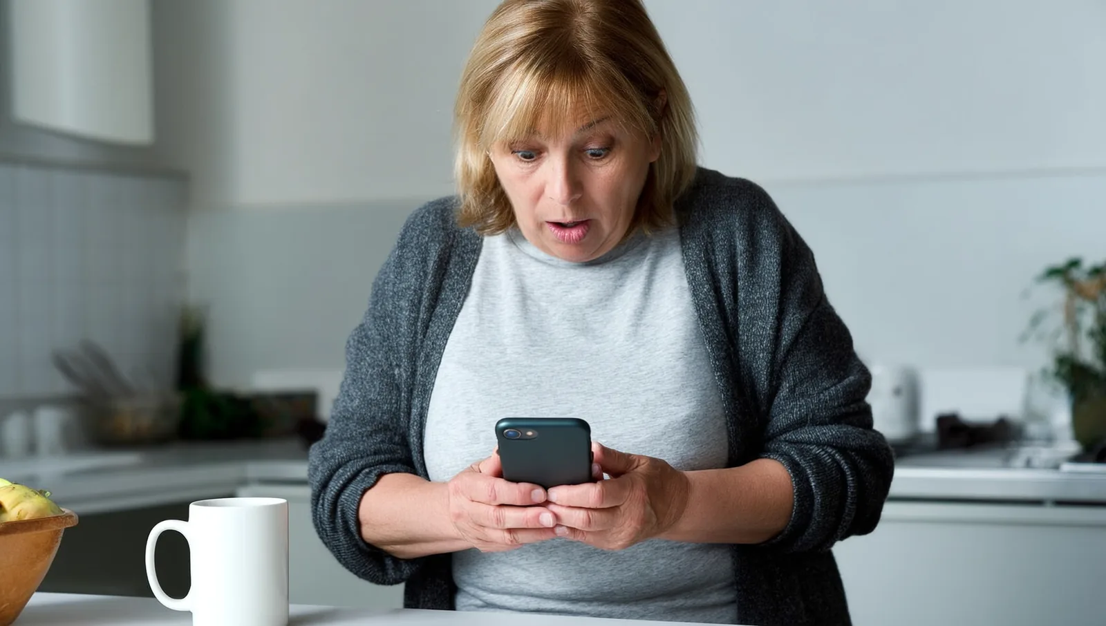 Woman checking a phone at a kitchen counter