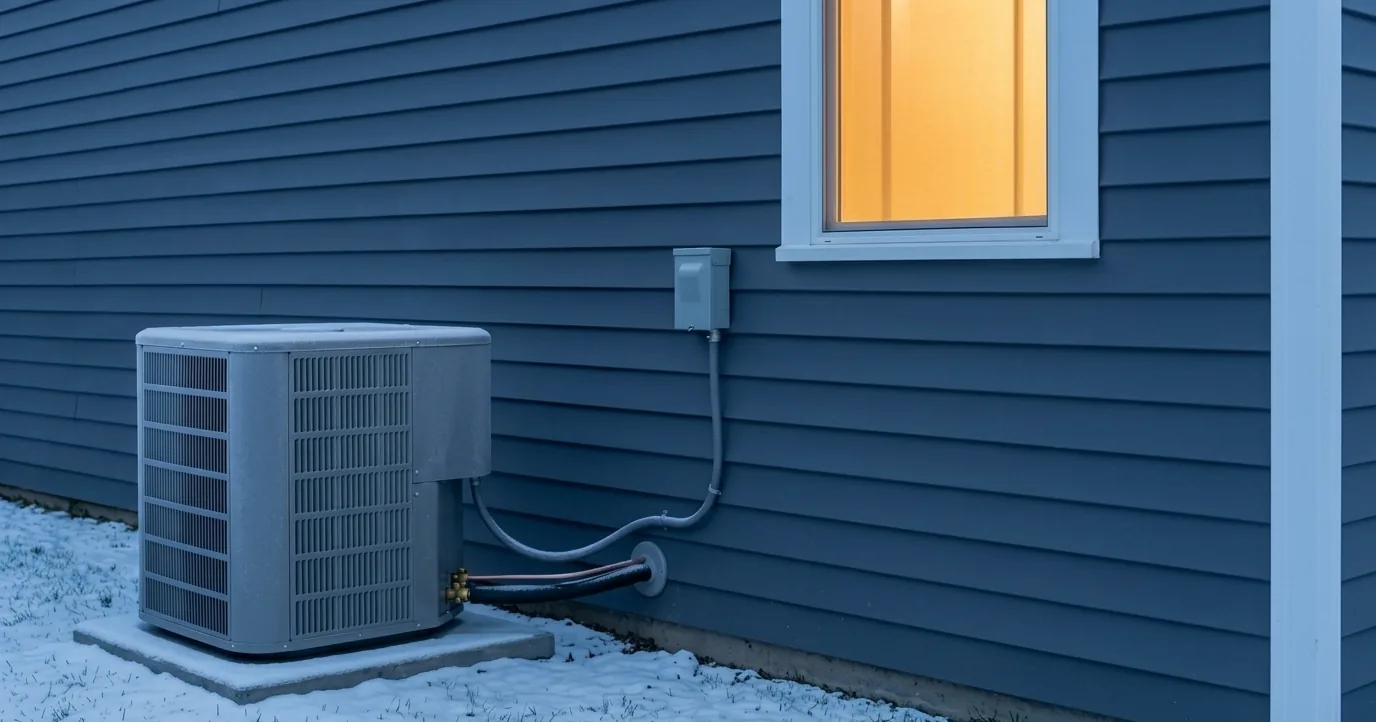 Frosted heat pump beside a blue house in snow