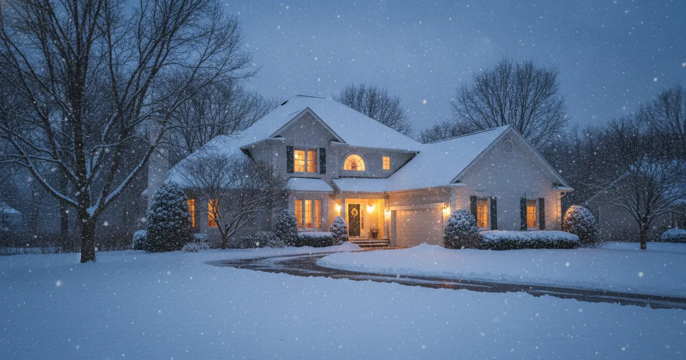 A two-story suburban house at dusk on a snowy winter evening, warm light glowing from the windows while snow falls across the lawn and roof.