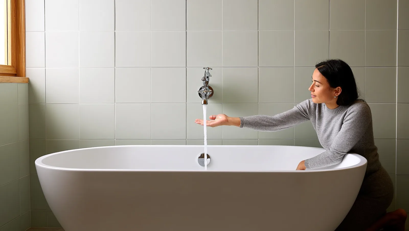 A woman kneeling beside a freestanding bathtub, holding her hand in the stream of hot water pouring from the wall-mounted tub spout to test the temperature.