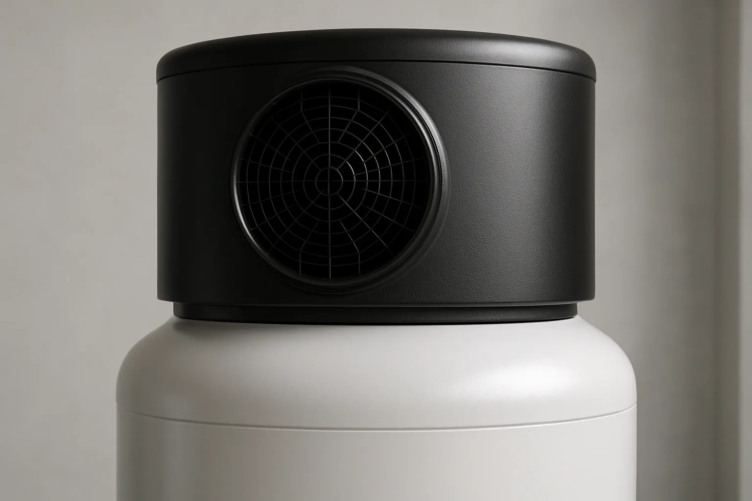 Close-up of the black compressor and evaporator housing mounted on top of a white heat pump water heater, showing the circular fan intake grille on its front face.