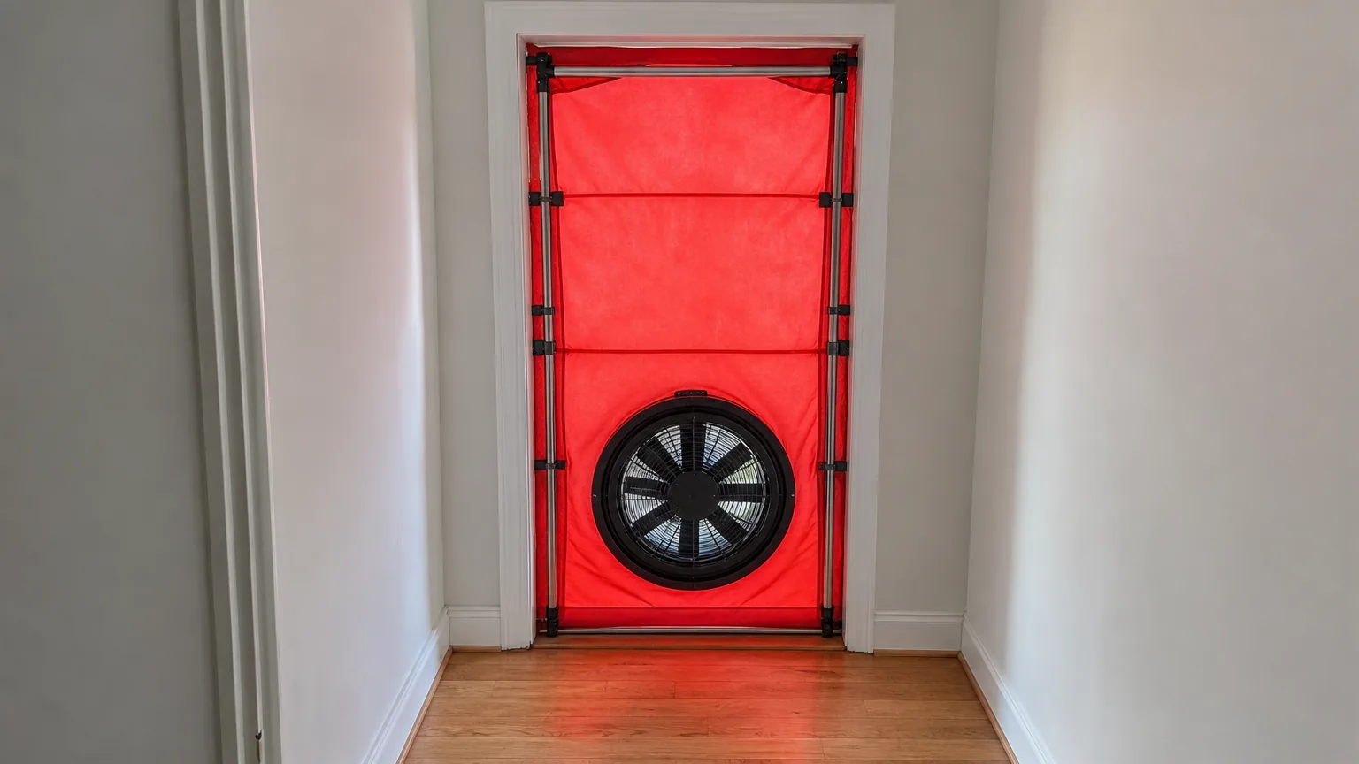 Blower door fan fitted in a front doorway