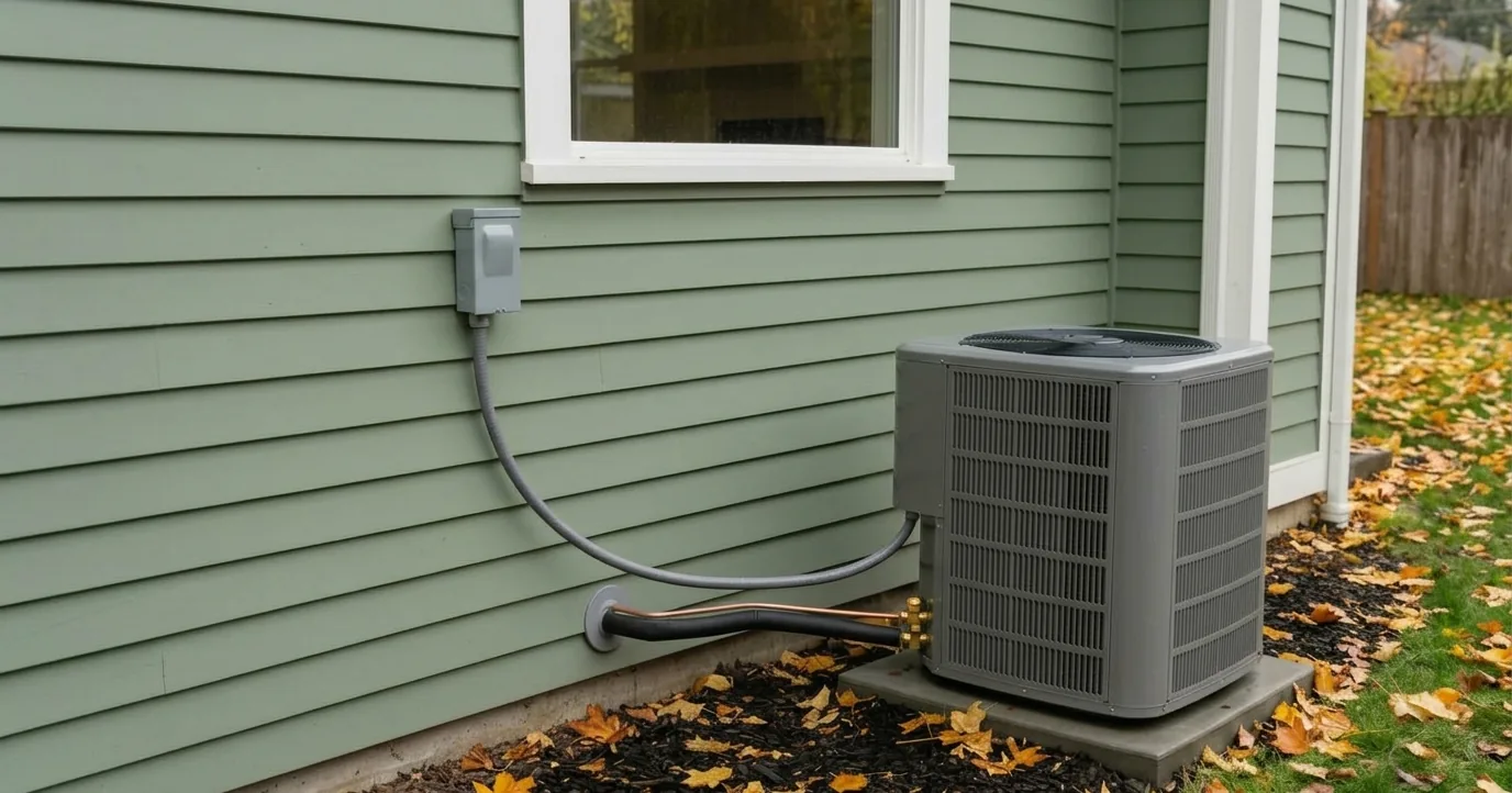 Outdoor AC unit beside a sage green house in autumn