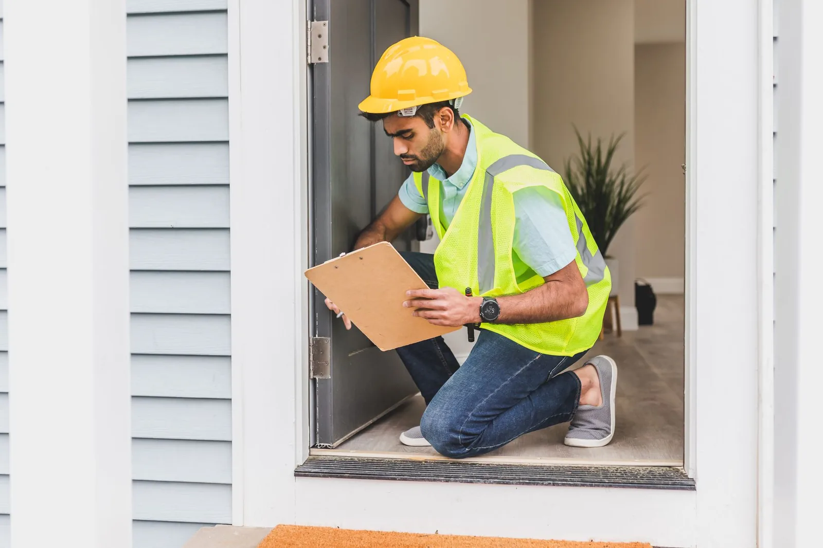 Home inspector with a clipboard at a front door