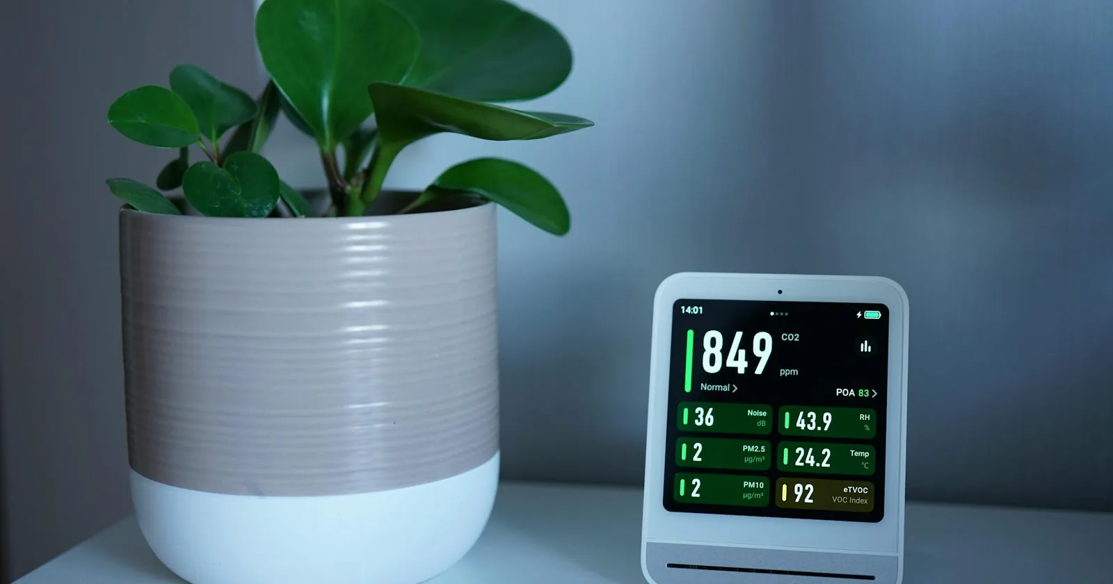 A home air quality monitor on a desk beside a potted plant, displaying CO2 and PM2.5 readings.
