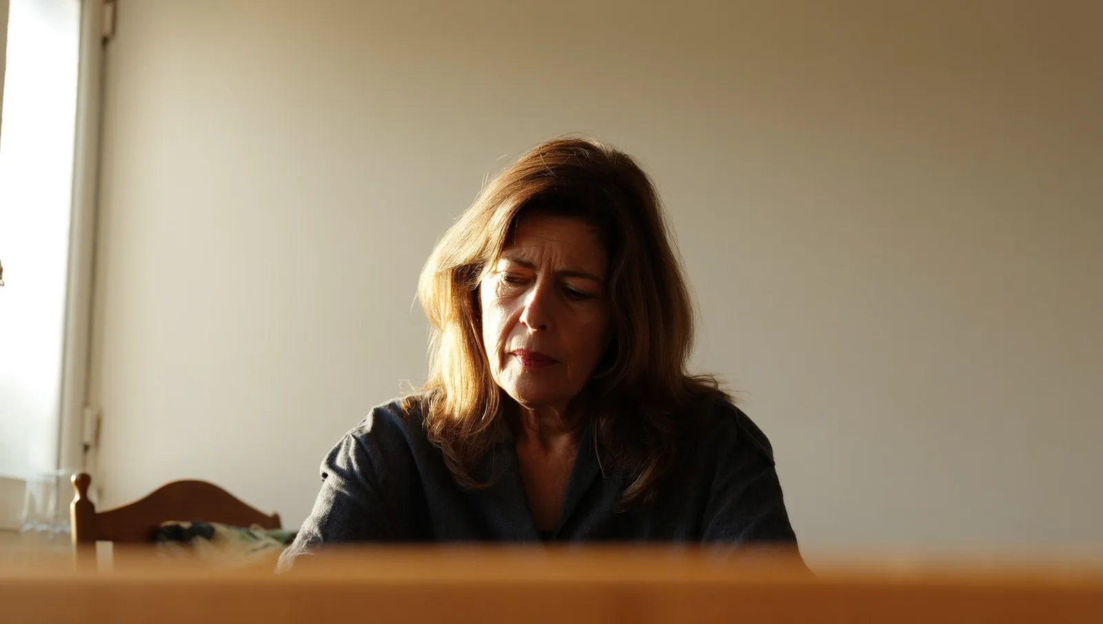A homeowner sitting at a kitchen table in soft morning light, looking down with a thoughtful expression while weighing a decision.