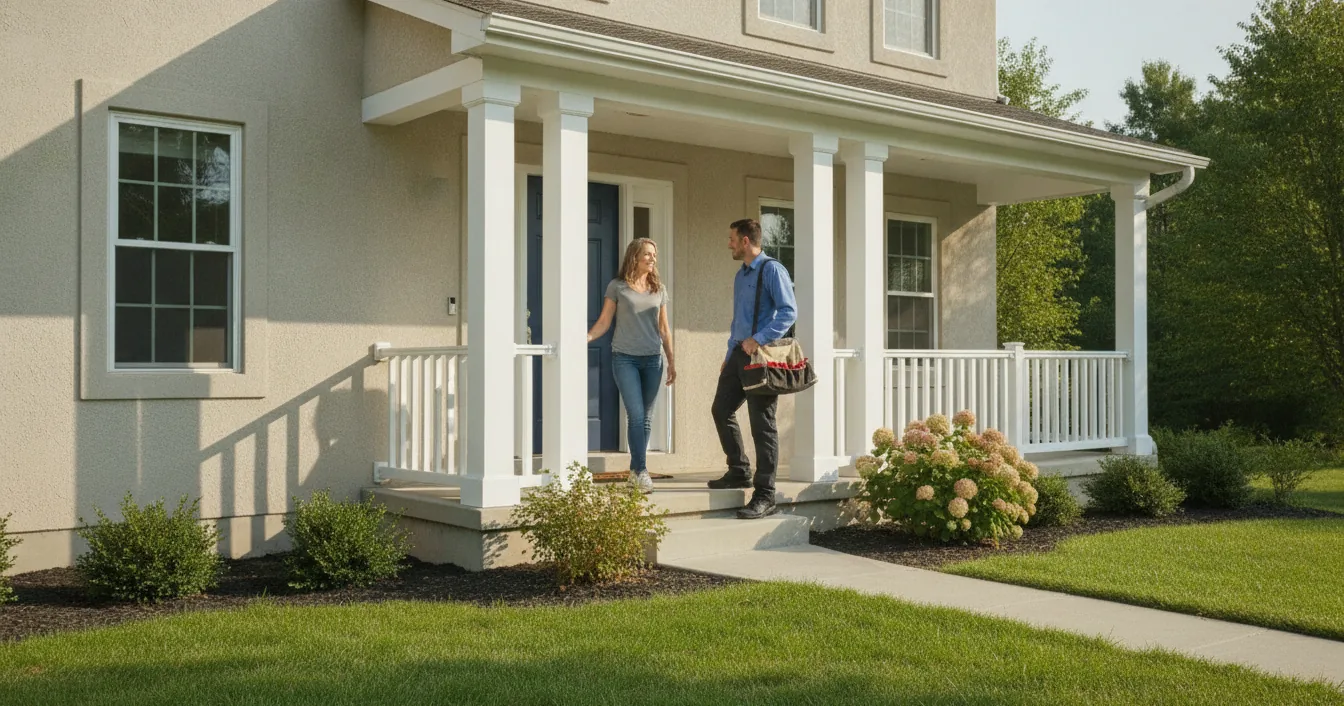 A homeowner greeting a heating and cooling technician at the front door of a suburban house on a bright morning.
