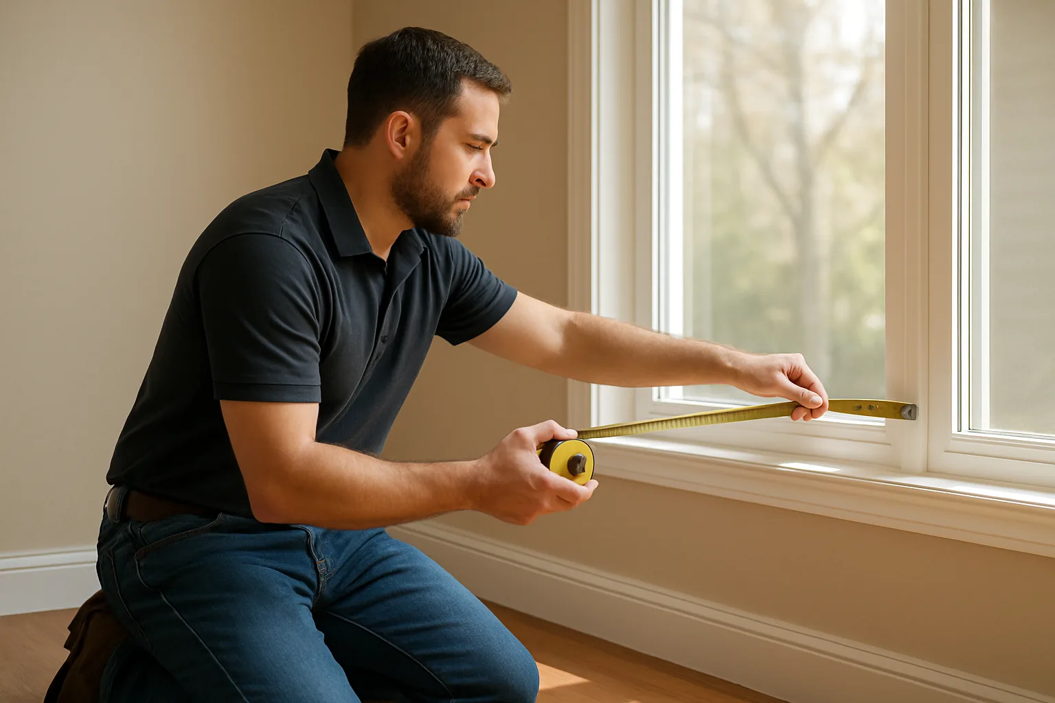 A heating and cooling technician kneeling in an empty sunlit living room, measuring the width of a window with a tape measure.