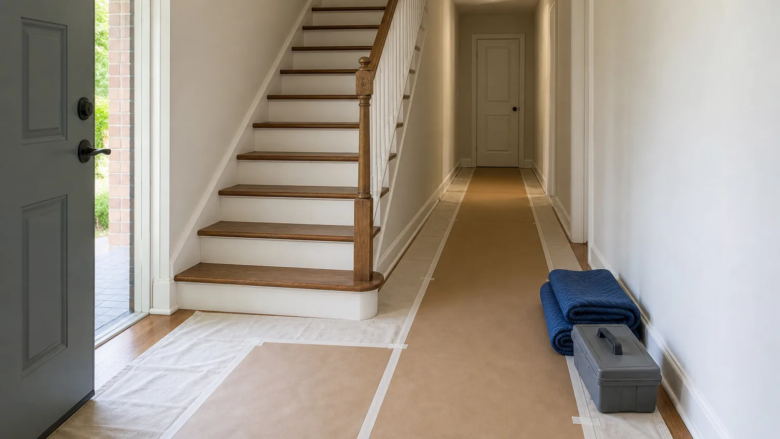 Rosin paper taped across a hallway floor from the front door