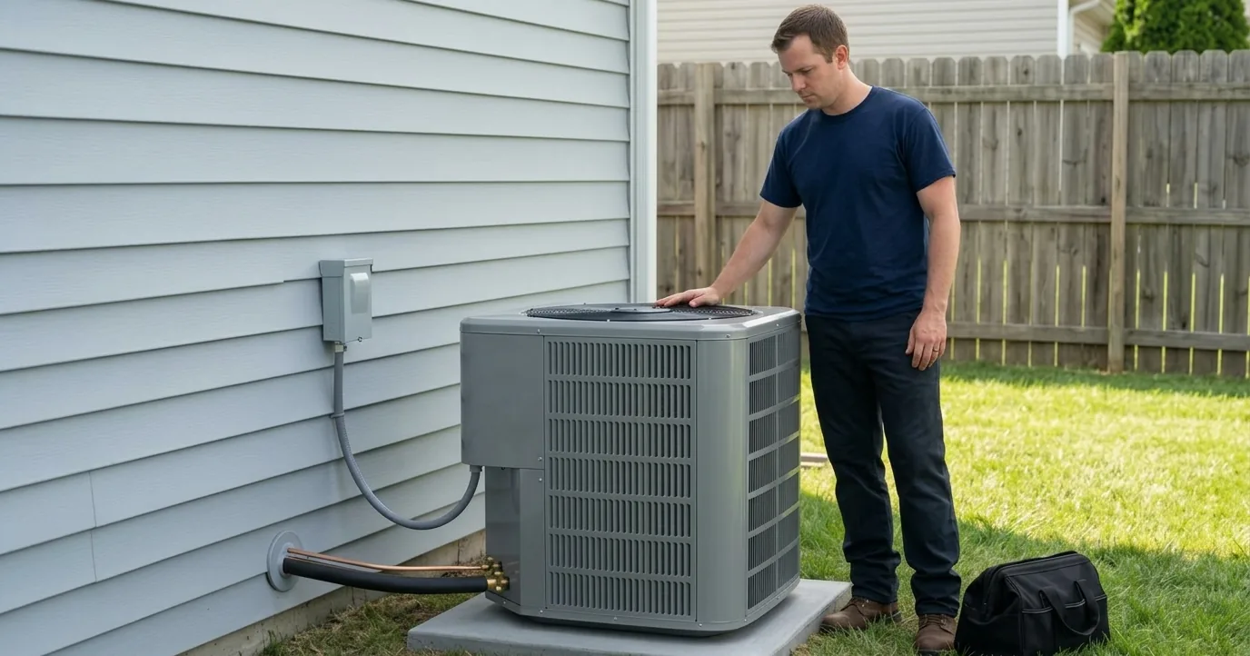 An installer beside a new outdoor condenser on a concrete pad